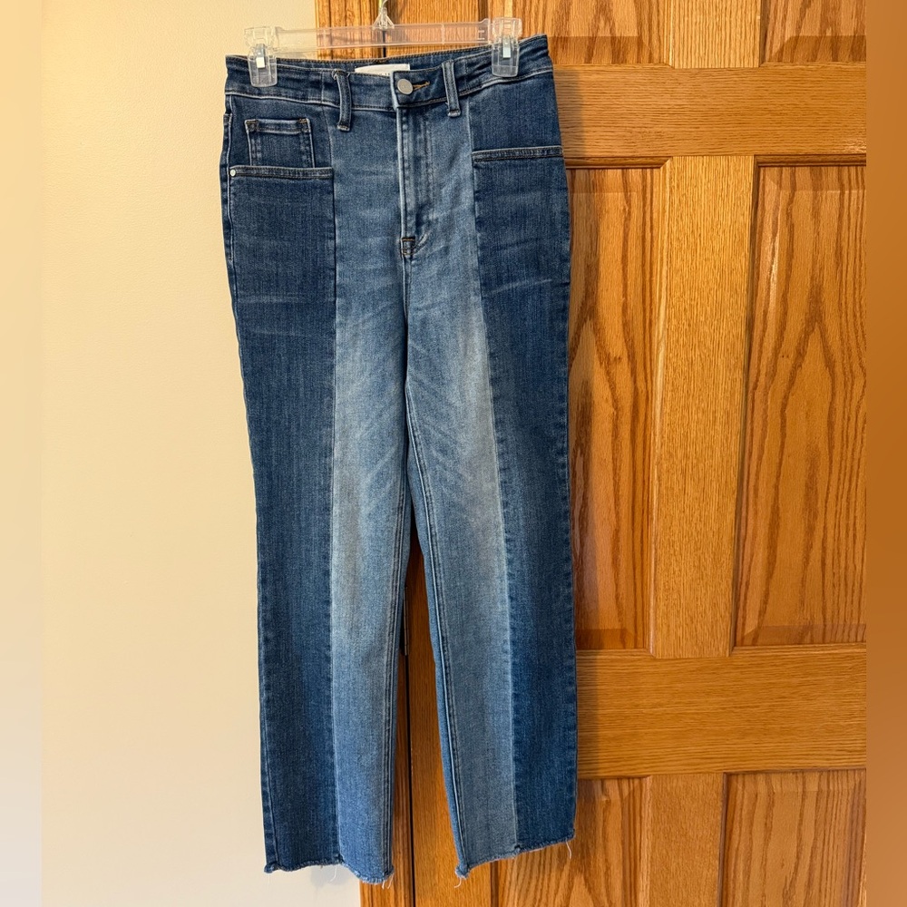 Risen Jeans women’s high rise slim straight, two tone, size 5, inseam 27